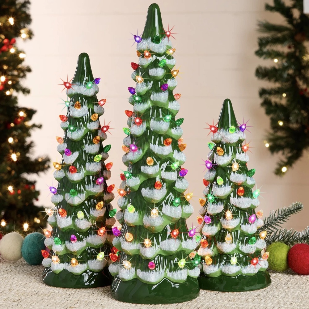 Set of 3 Ceramic Christmas Trees Pre-Lit Hand-Painted Flocked Green Tabletop